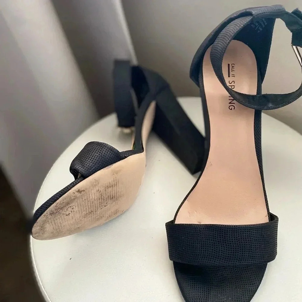 Call It Spring Black Block Heel Sandals Size 9 Ankle Strap Textured Dress Shoe - Picture 9 of 9
